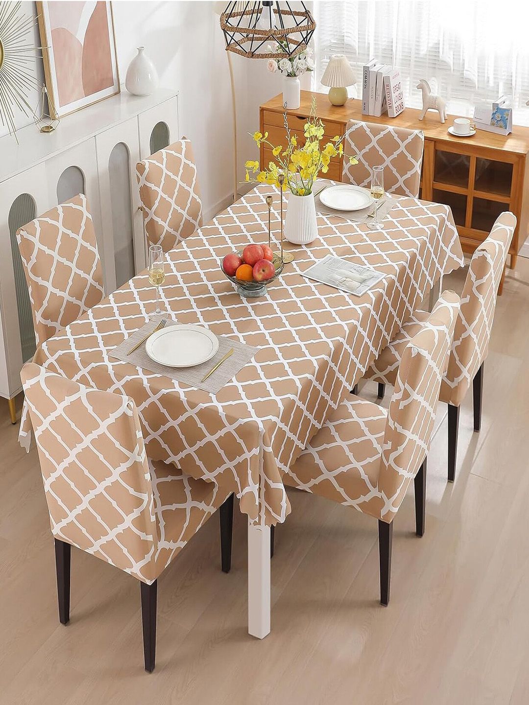 HOUSE OF QUIRK Beige 7-Pcs Printed Waterproof Dining Table Cover & Chair Cover-picture-32