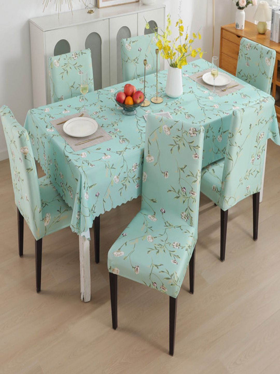 HOUSE OF QUIRK Green White 7 Pieces Floral Chloride Waterproof Table Covers-picture-49