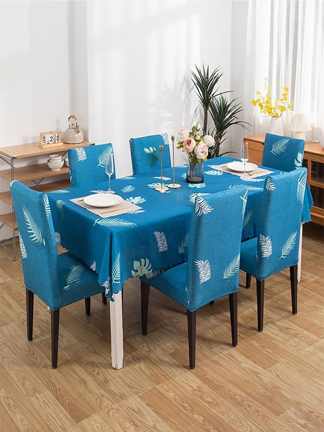 HOUSE OF QUIRK Teal 7Pieces Floral Chloride Waterproof Dining Table Covers-picture-32