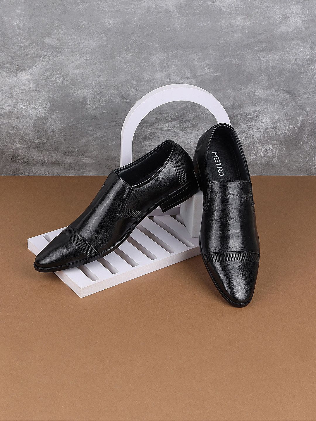 Metro Men Textured Leather Formal Slip-On Shoes-image-39