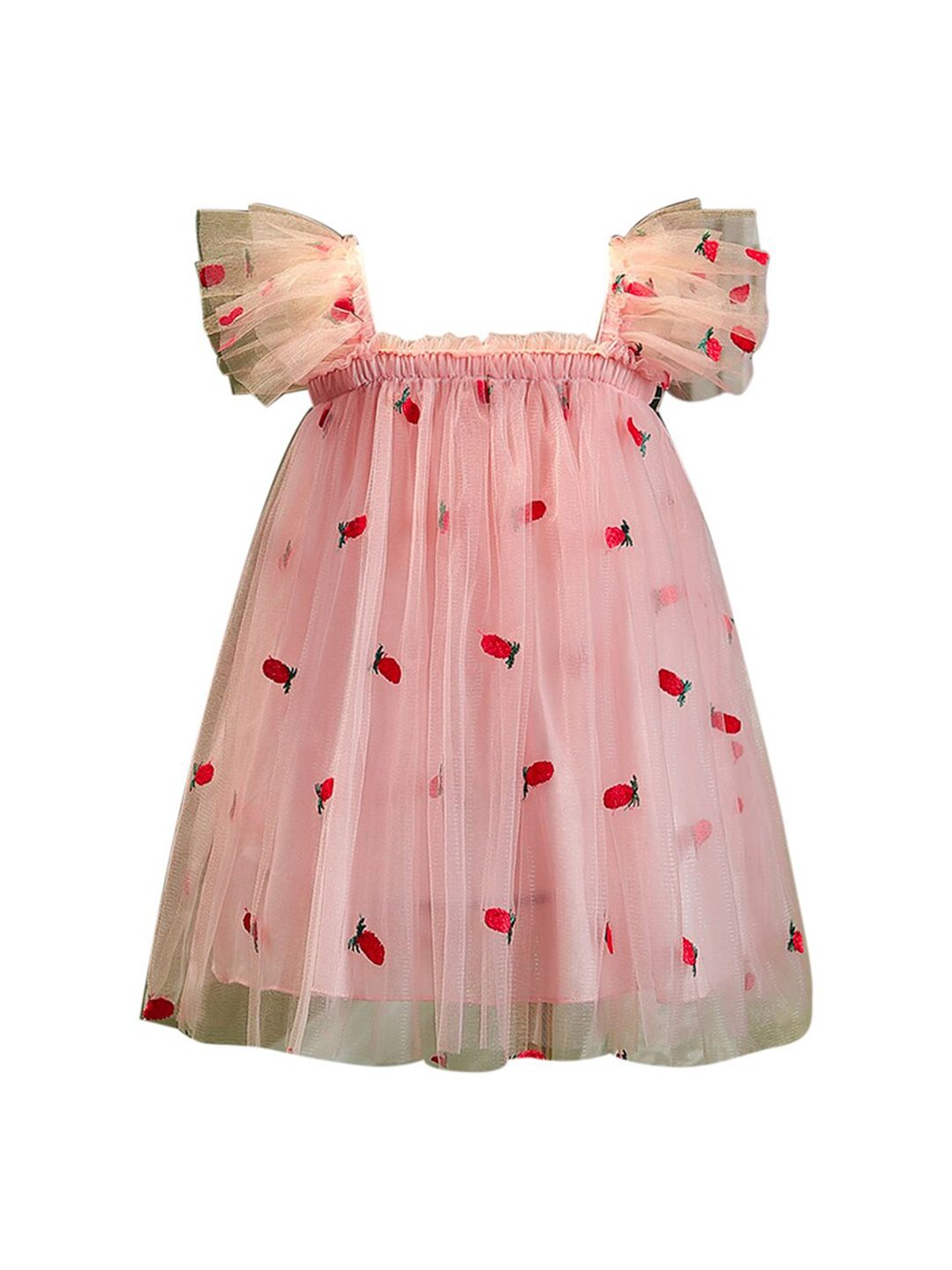 StyleCast Girls Pink Self Design Square Neck Flared Sleeves A-Line Dress-picture-21