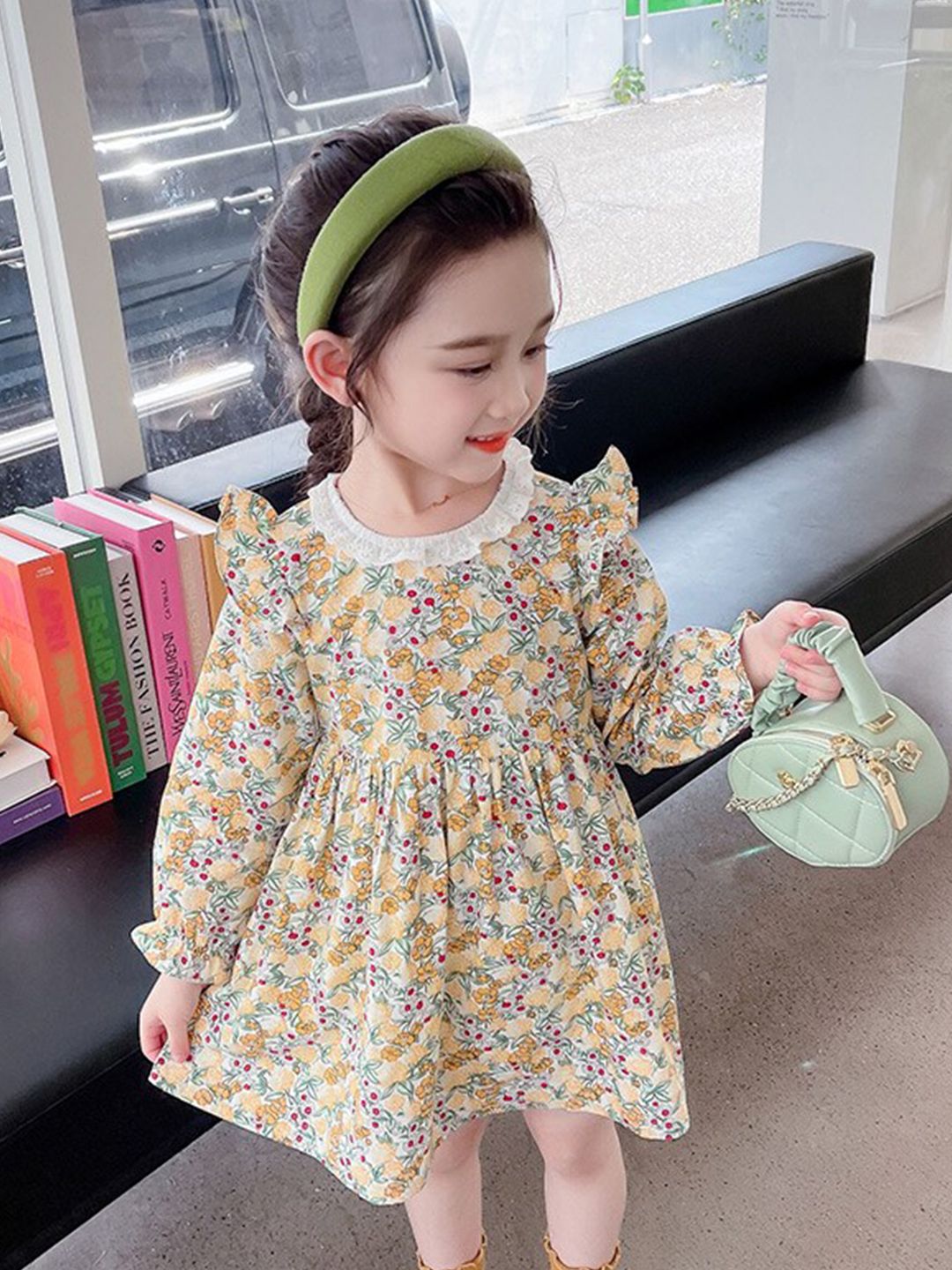 StyleCast Girls Yellow Floral Printed Gathered Cotton Fit & Flare Mini Dress-picture-36