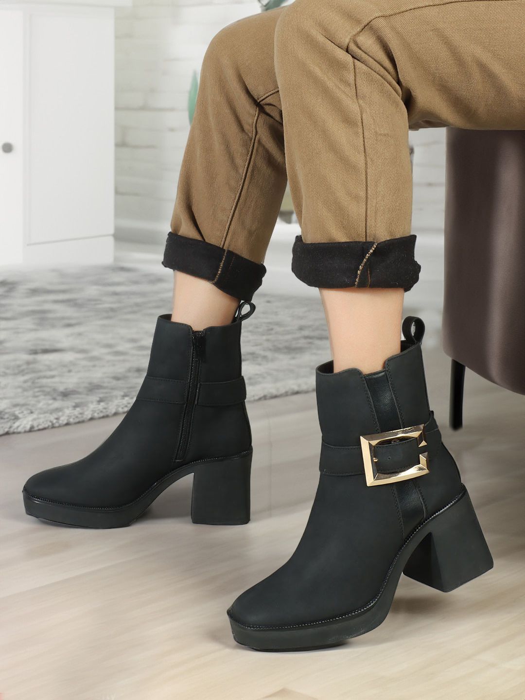 ELLE Women Buckle Detail Heeled Mid-Top Chunky Boots-picture-24