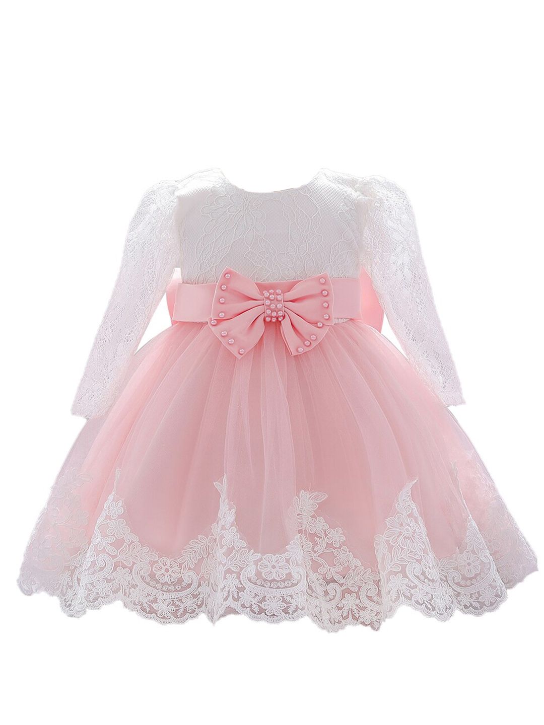 StyleCast Girls Pink & White Floral Self Design Puffed Sleeves Bow Fit & Flare Dress-picture-22