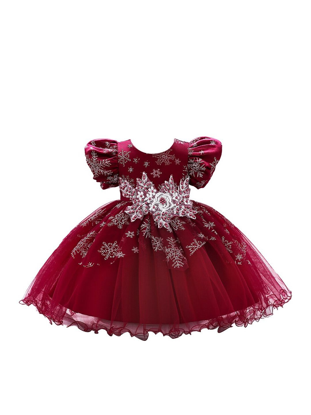 StyleCast Maroon & claret Embellished Embroidered Puff Sleeve Applique Fit & Flare Dress-picture-45