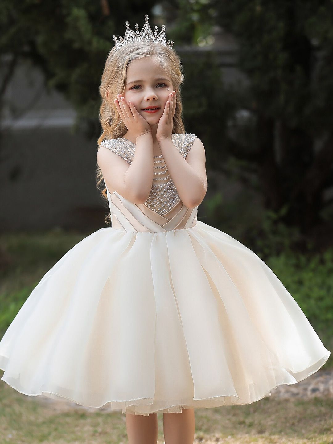 StyleCast Girls Beige Embellished Pleated Detailed Fit & Flare Dress-picture-46