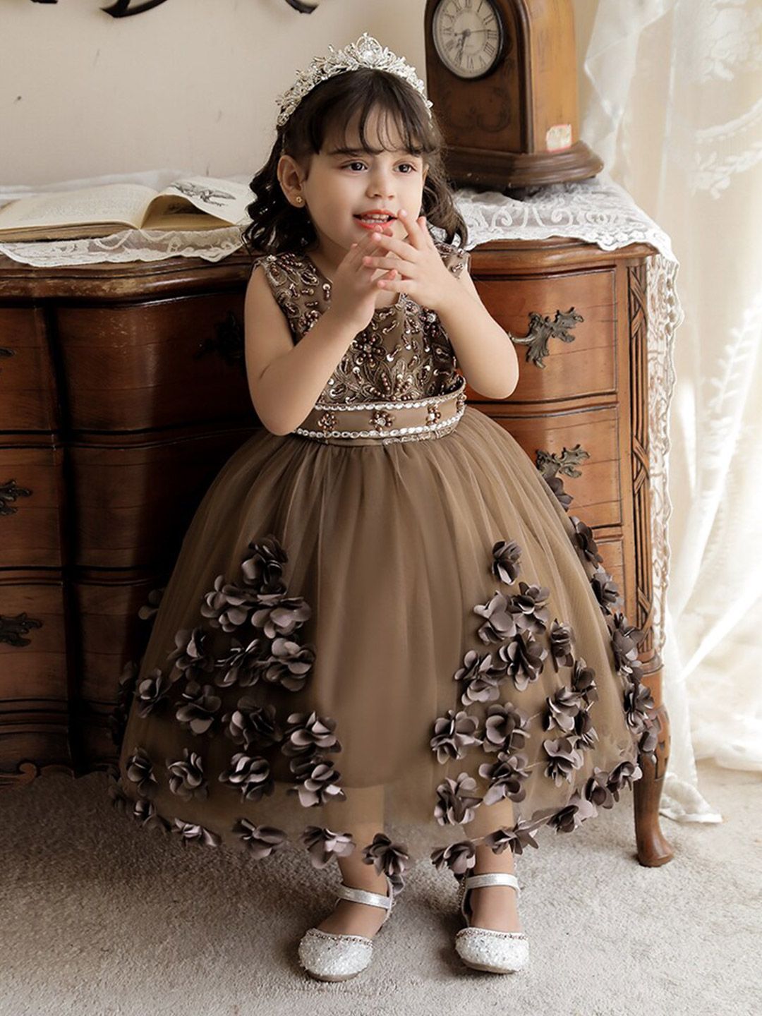 StyleCast Girls Brown Embellished Fit & Flare Balloon Dress-picture-26