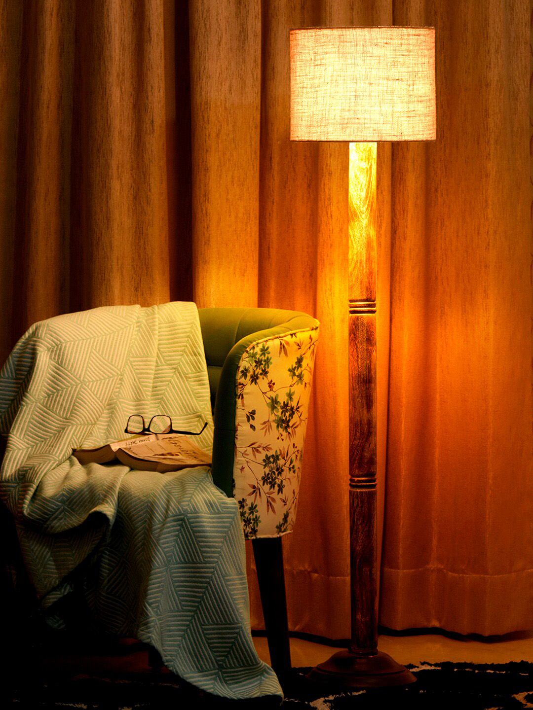green girgit Brown Textured Cylindrical Shape Jute Shade Floor Lamp-picture-33