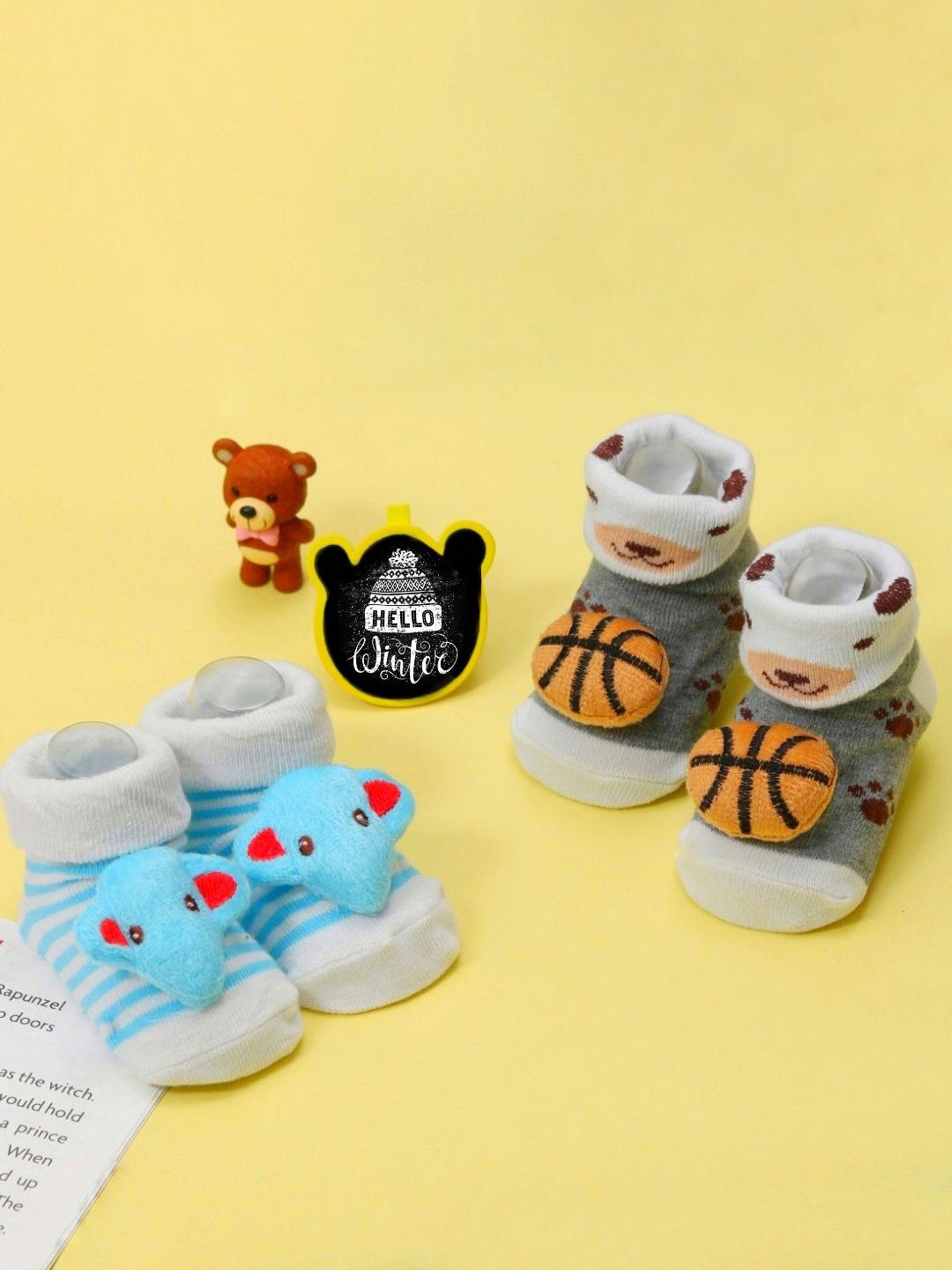 Yellow Bee Kids Boys Pack Of 2 Cotton Elephant and Basketball Patterned Shoe Liners Socks-picture-22