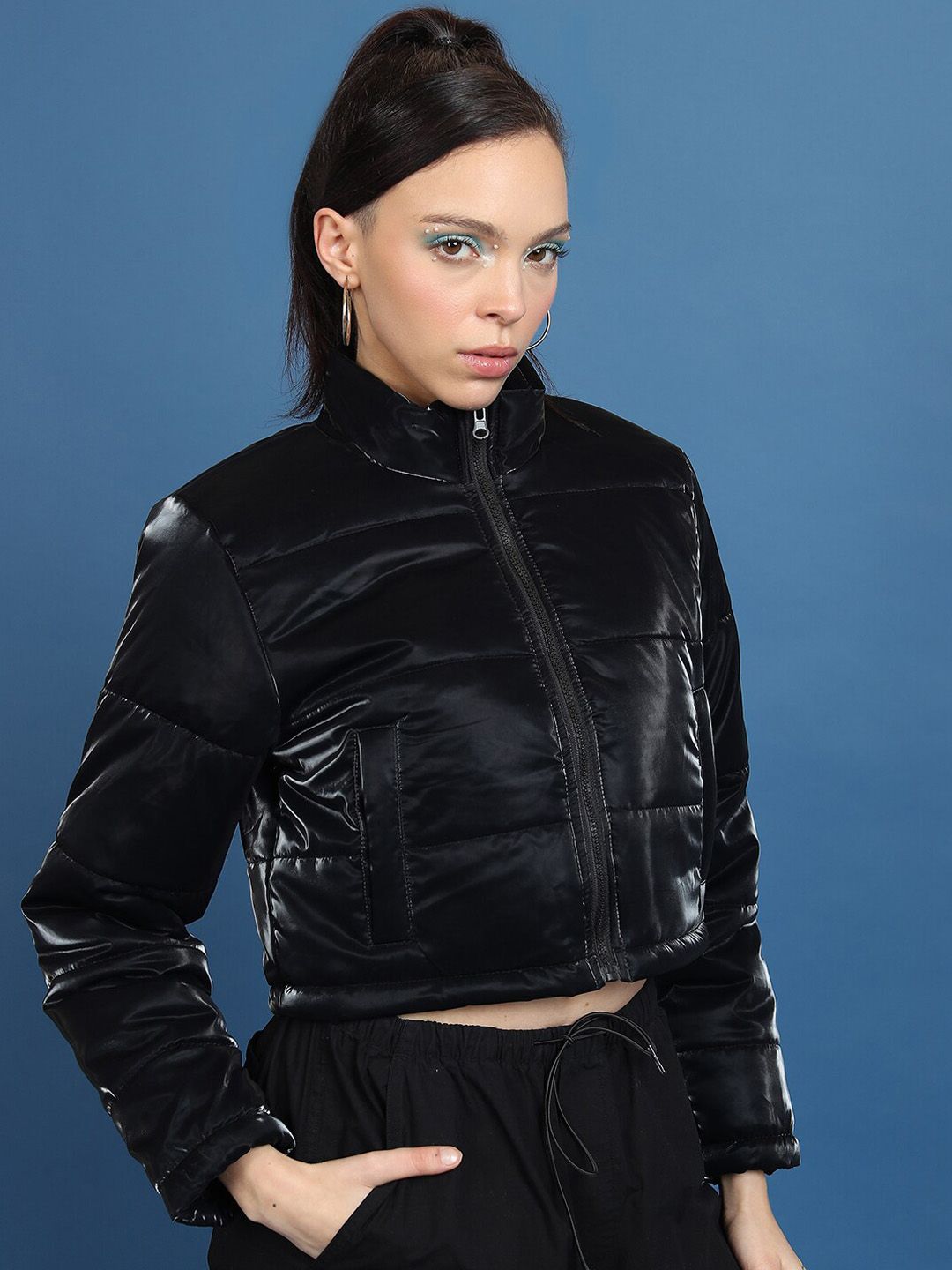 Tokyo Talkies Black Mock Collar Crop Puffer Jacket