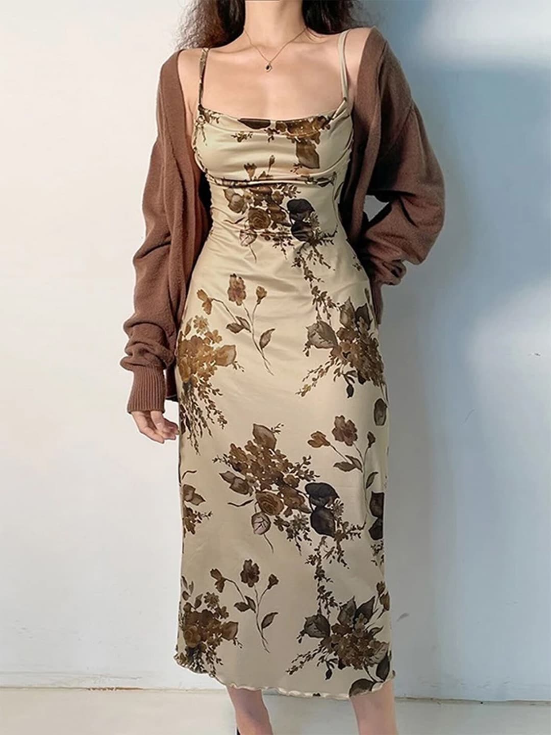 LULU & SKY Floral Printed Shoulder Straps Sheath Midi Dress