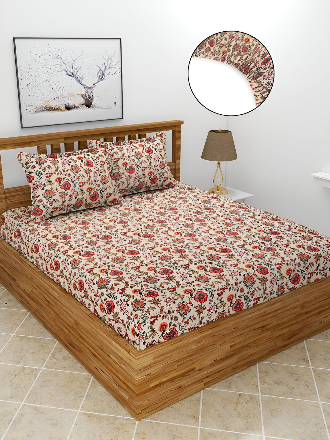 BREVARD Red 210 TC Fitted Queen Bedsheet With 2 Pillow Covers-picture-17