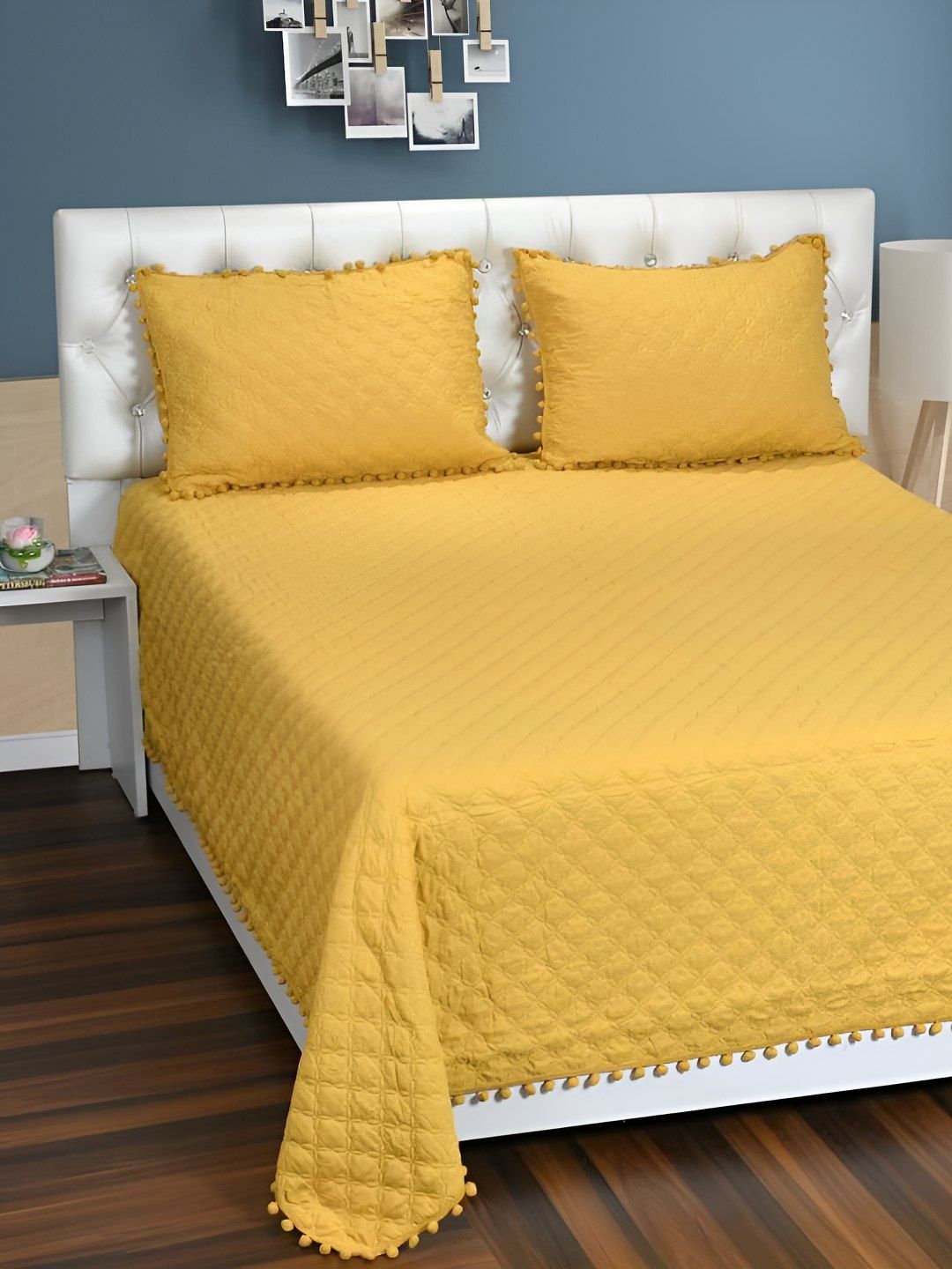 BREVARD Mustard Yellow Self Design Double Queen Bed Cover With 2 Pillow Covers-picture-32