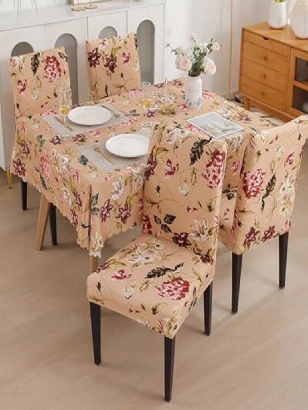 HOUSE OF QUIRK Beige Floral Printed 71" x 55" Waterproof Table Cover with 4 Chair Covers-picture-18