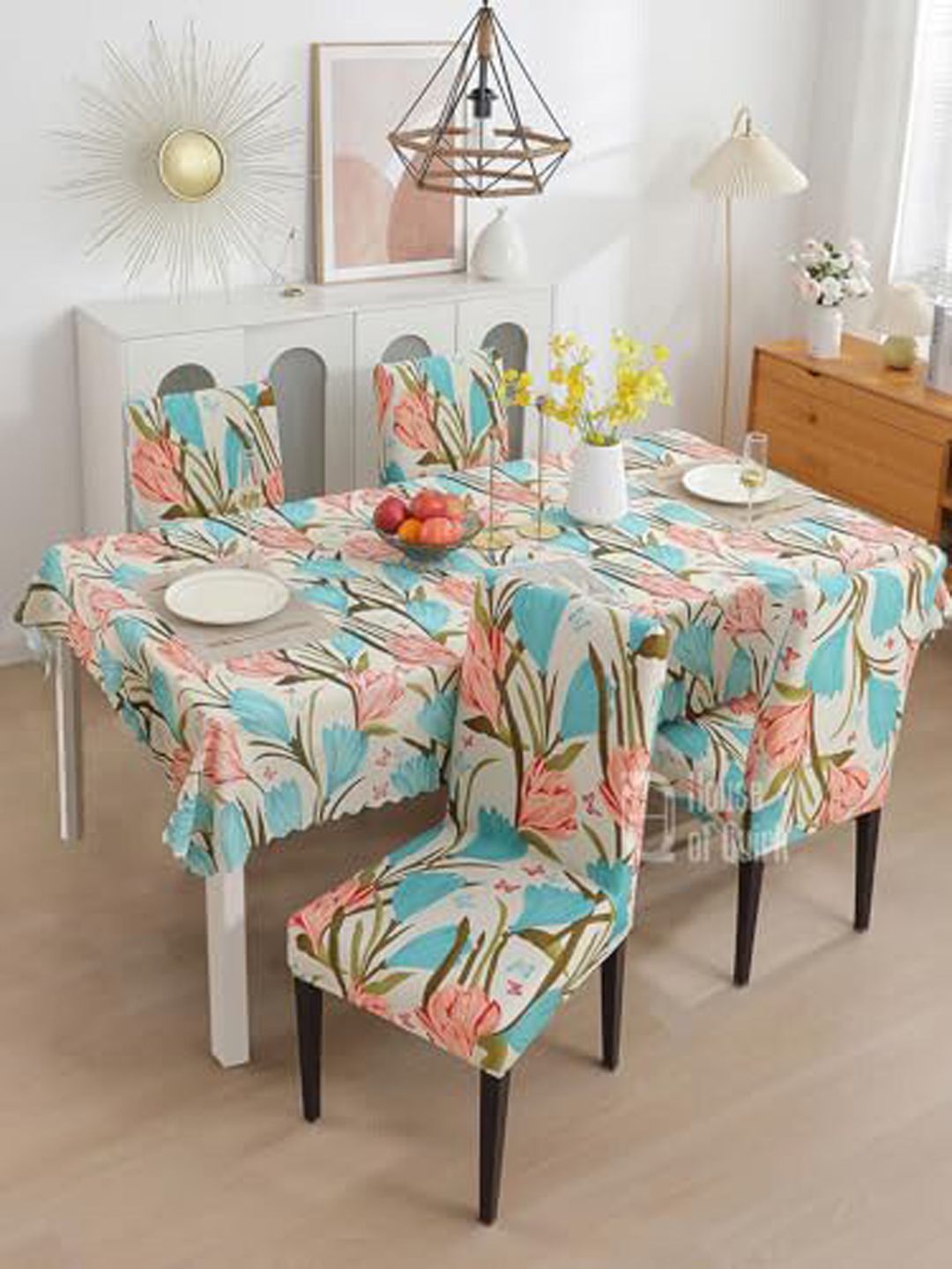 HOUSE OF QUIRK Beige & Blue 5 Pieces Floral Printed Table Cover With Chair Covers-picture-13