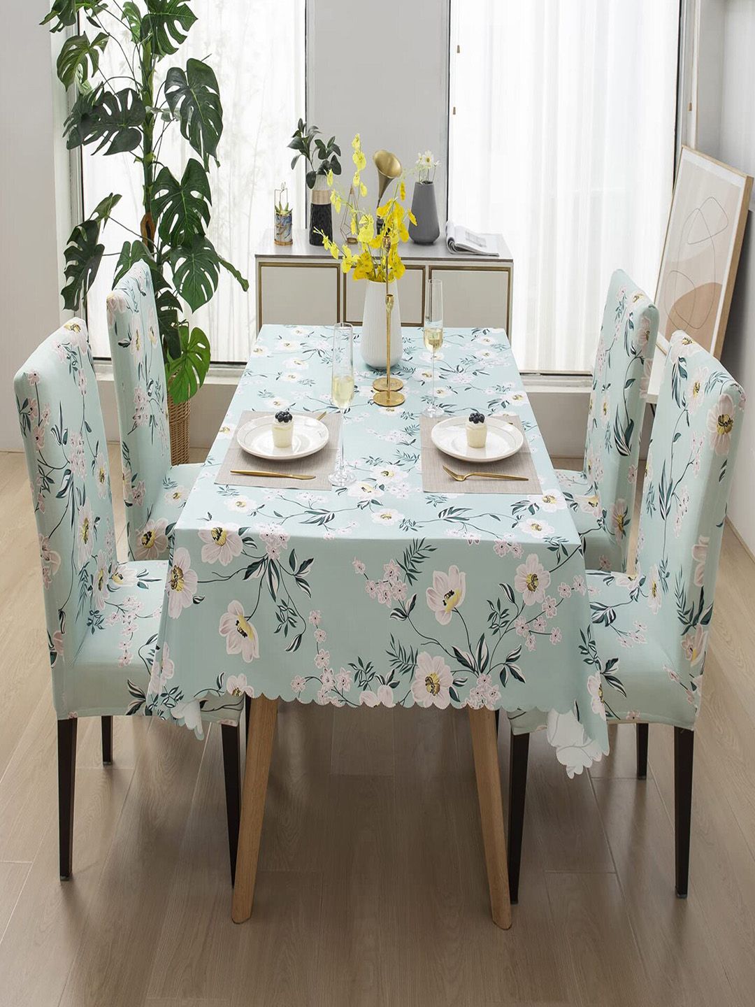 HOUSE OF QUIRK Green & White 5 Pieces Floral Printed Table Cover With Chair Covers-image-43
