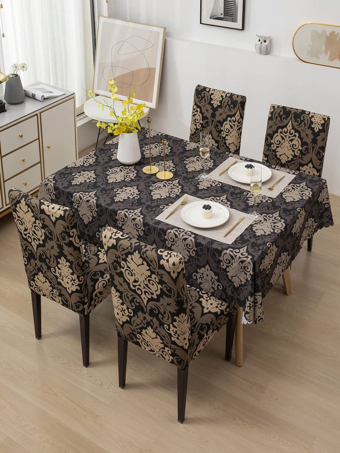 HOUSE OF QUIRK Black Floral Waterproof 4-Seater Table Covers With Chair Covers-image-7