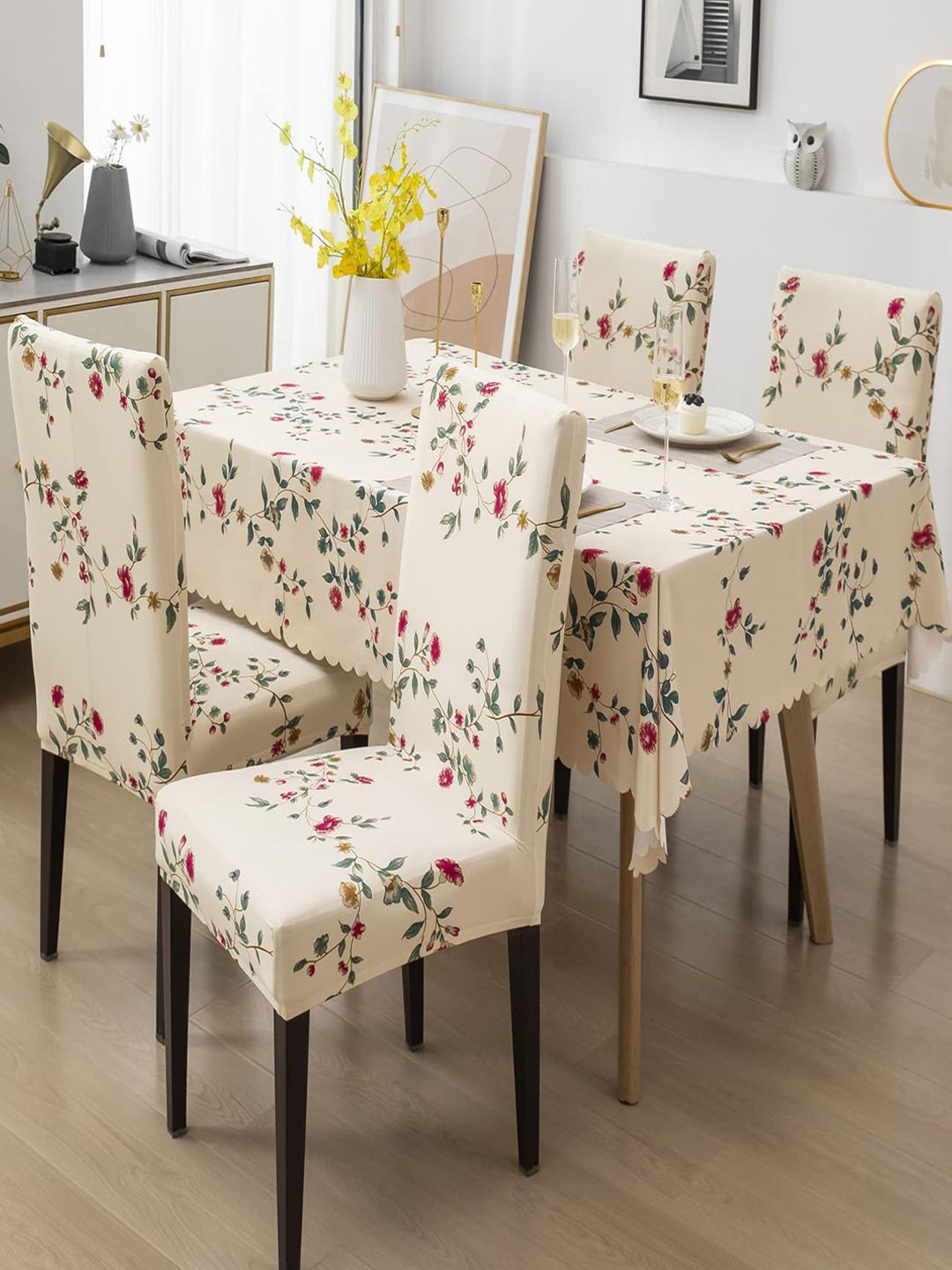 HOUSE OF QUIRK Beige & Red 5 Pieces Floral Printed Table Cover With Chair Covers-picture-52
