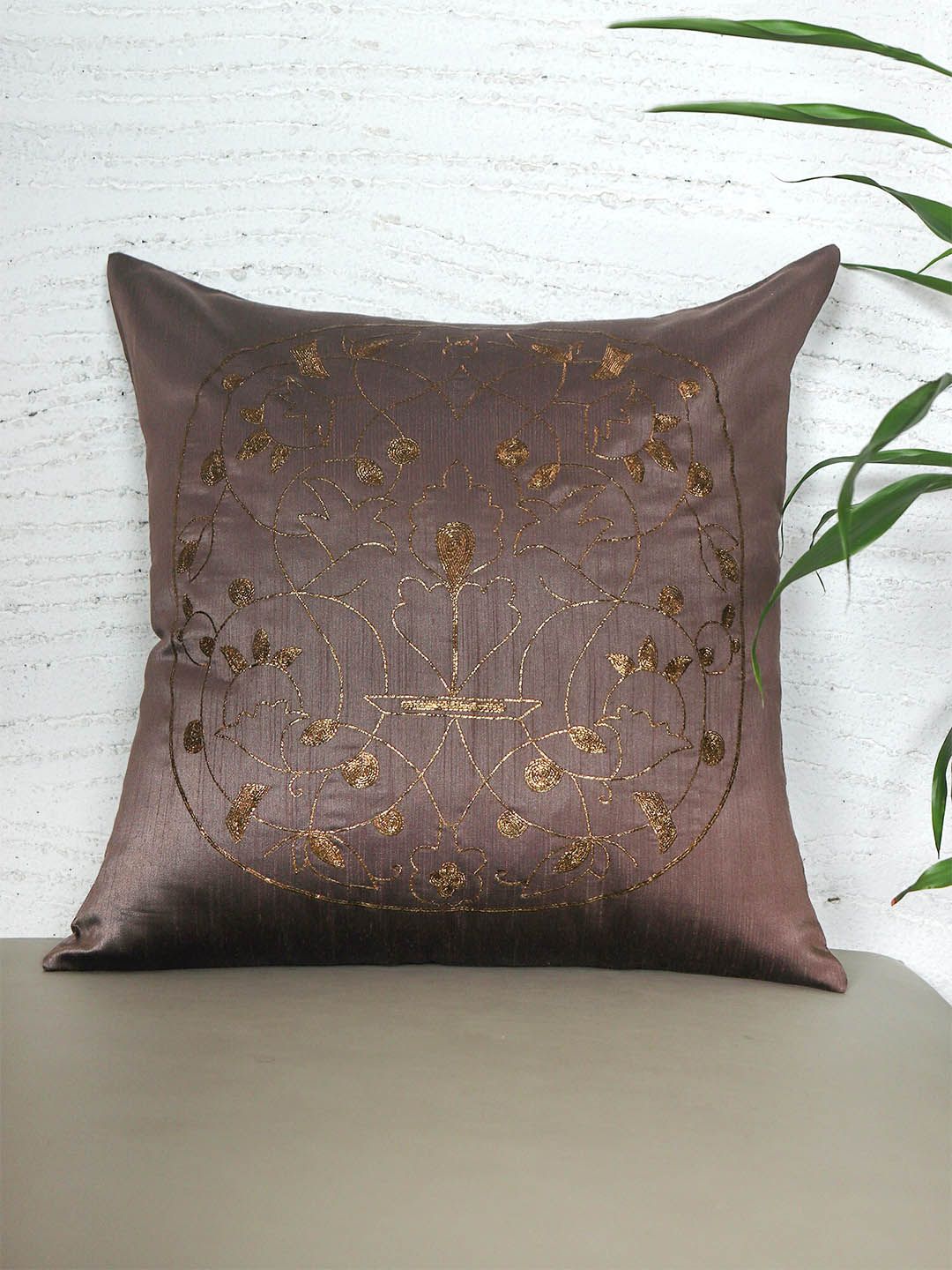 ZEBA Brown Embroidered Square Cushion Cover-image-5