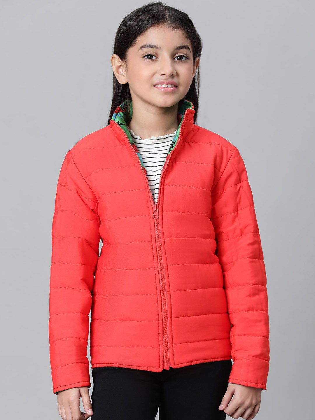 Oxolloxo Girls Floral Printed Reversible Mock Collar Padded Jacket-picture-40