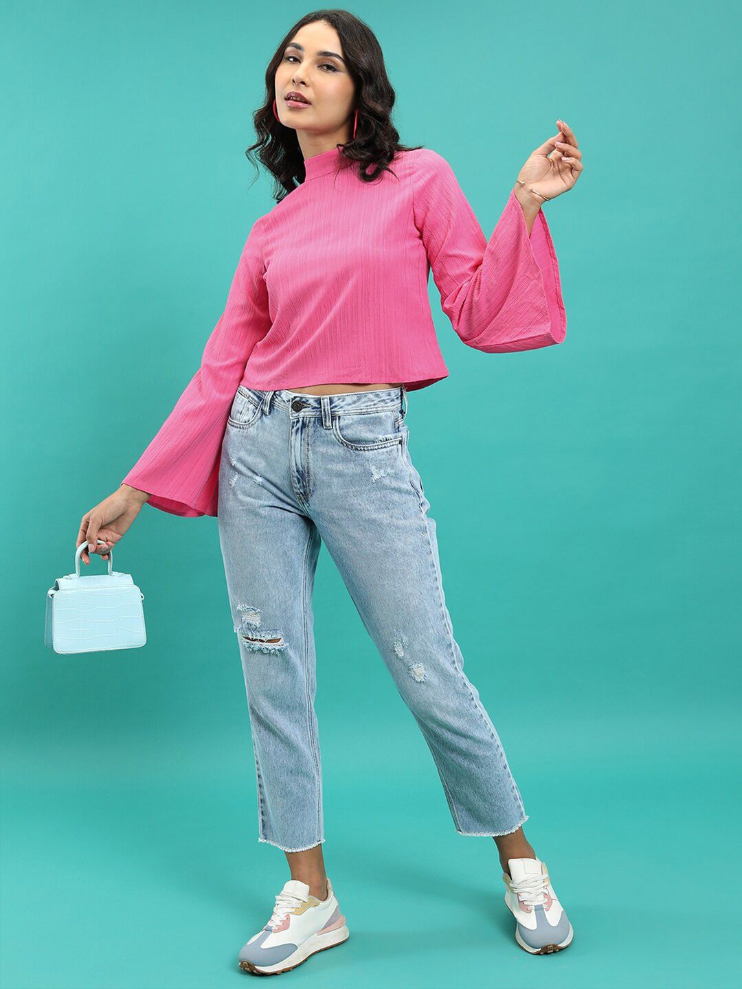 Buy Tokyo Talkies Self Design Bell Sleeves High Neck Top - Tops