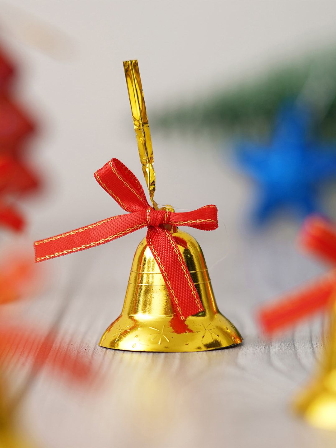 eCraftIndia 6 Pcs Golden & Red Metal Jingle Bells with Red Ribbon Christmas Decor-image-26