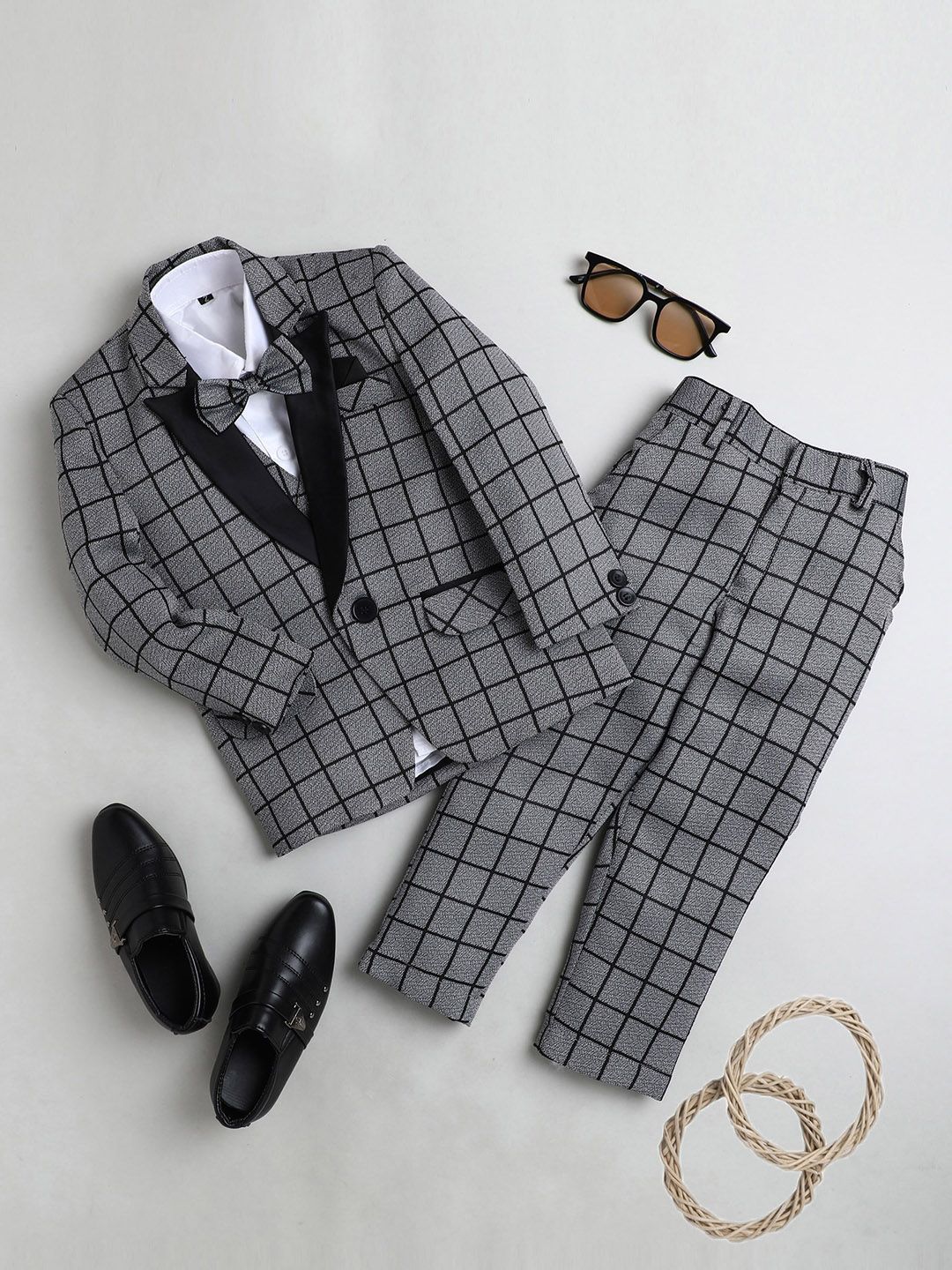 BAESD Boys Checked Silk Cotton Single Breasted 5-Pieces Suit-picture-38