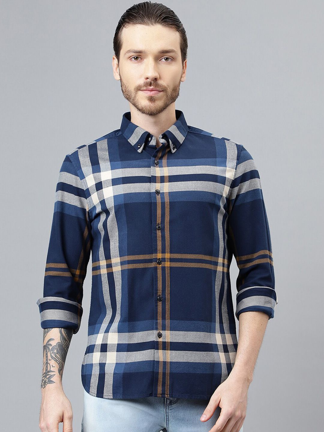 Woodland Checked Flannel Weave Button-Down Collar Pure Cotton Casual Shirt-picture-55