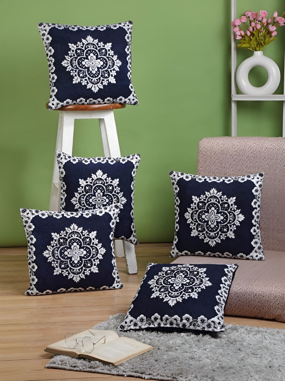 ERIC LONDON Navy Blue & White 5 Pieces Self Design Square Cushion Covers-image-36