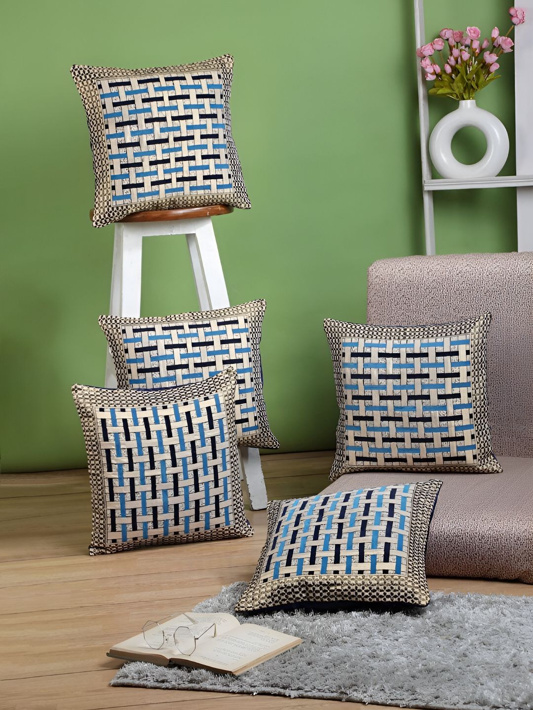 ERIC LONDON Blue & Gold 5 Pieces Geometric Square Cushion Covers-picture-32