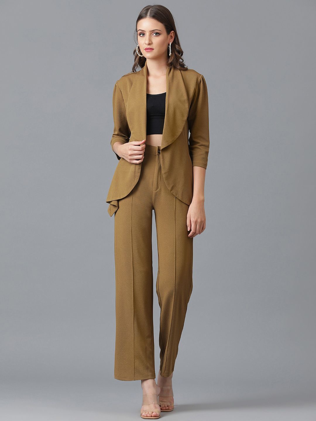 KOTTY BIZwear Brown Shawl Neck Coat With Trousers