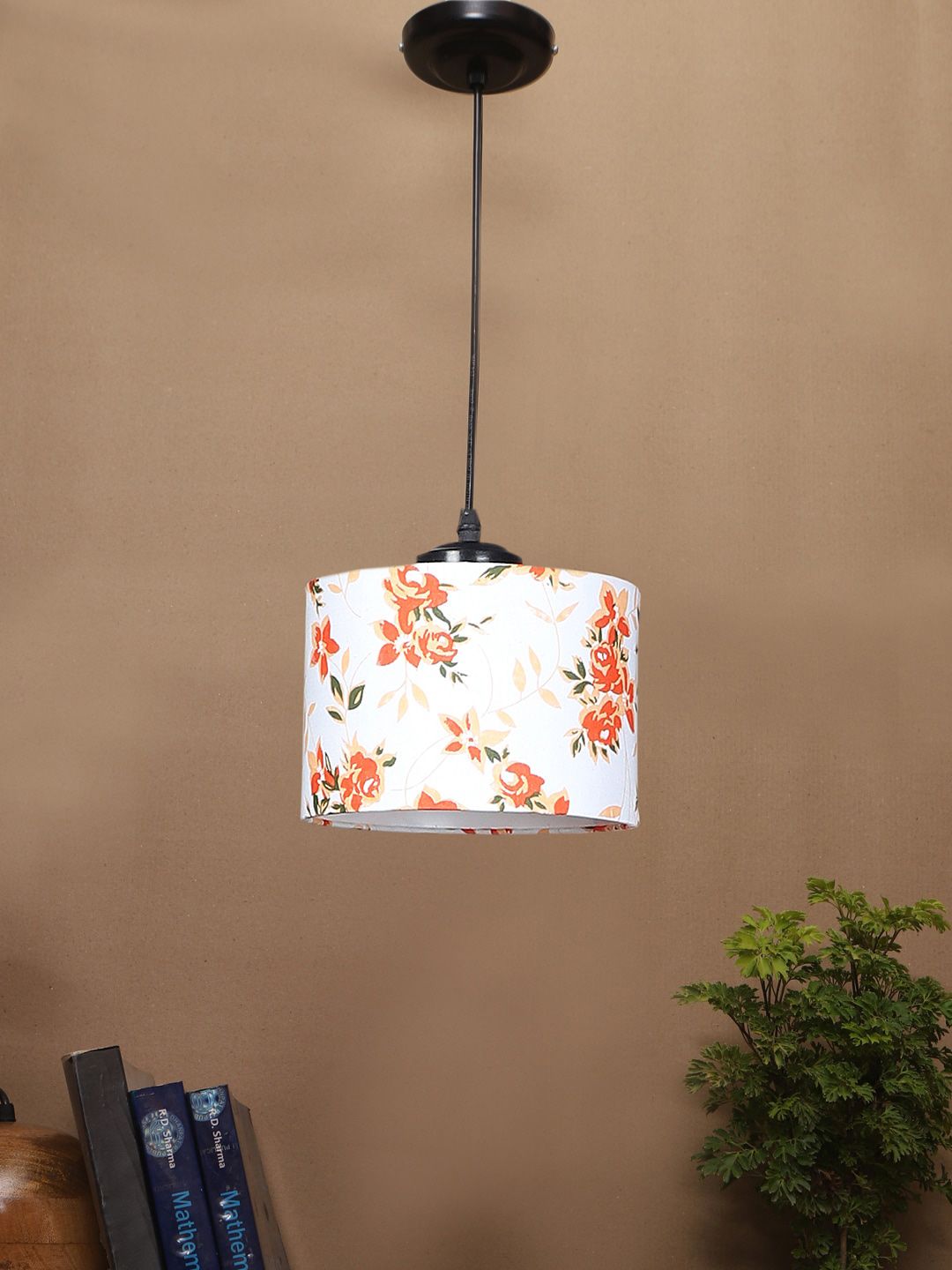 Devansh White & Orange Floral Printed Adjustable Cord Cotton Shade Hanging Lamp-image-46