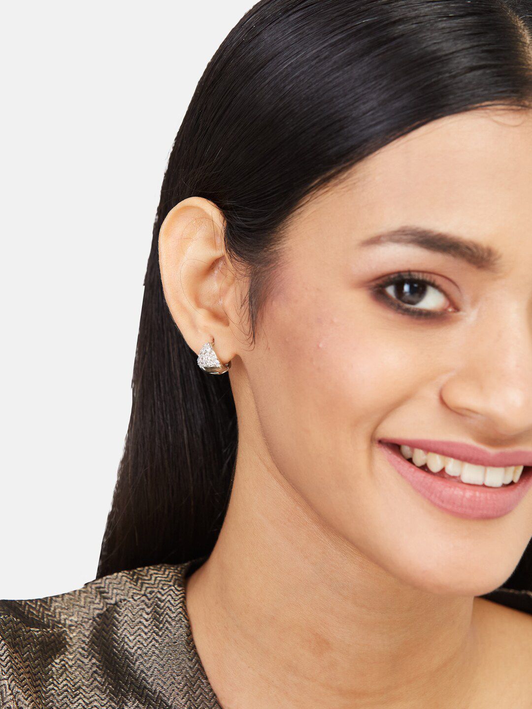 ATIBELLE Silver-Plated Cubic Zirconia Stone Studded Contemporary Hoop Earrings
