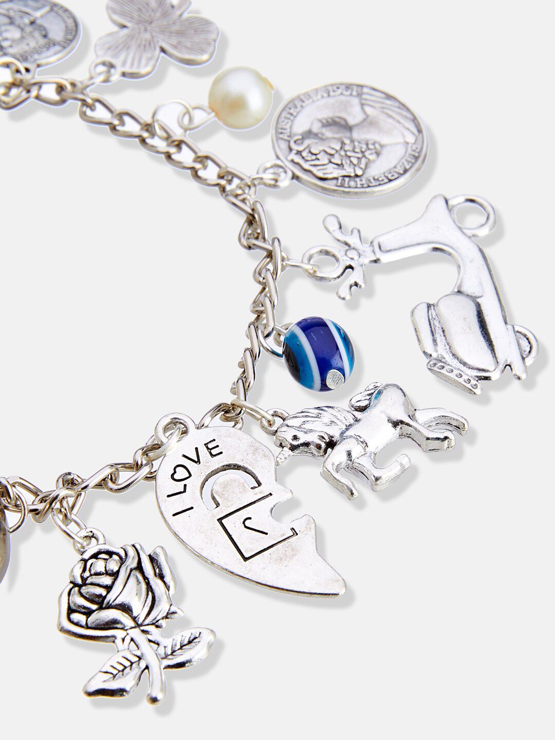 ATIBELLE Silver-Plated German Silver Evil-Eye Studded & Beaded Charm Bracelet
