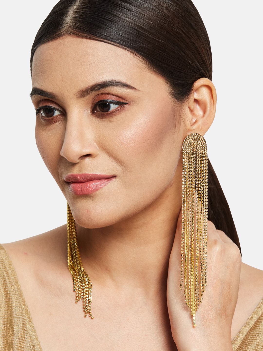 ATIBELLE Copper-Plated Rhinestone Studded Contemporary Tasselled Drop Earrings