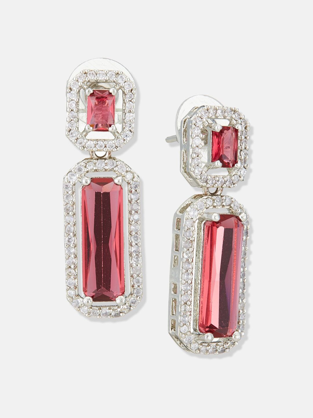 ATIBELLE Silver-Plated Cubic Zirconia Stone Studded Contemporary Drop Earrings