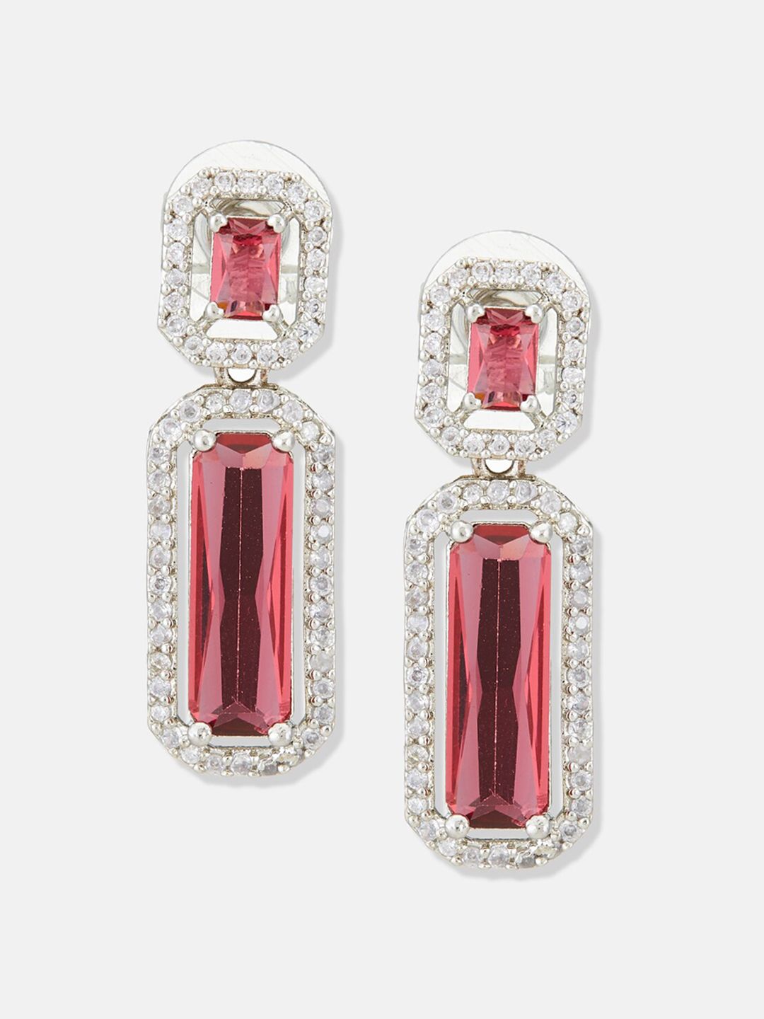 ATIBELLE Silver-Plated Cubic Zirconia Stone Studded Contemporary Drop Earrings