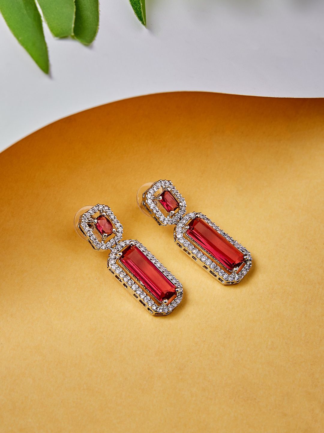 ATIBELLE Silver-Plated Cubic Zirconia Stone Studded Contemporary Drop Earrings