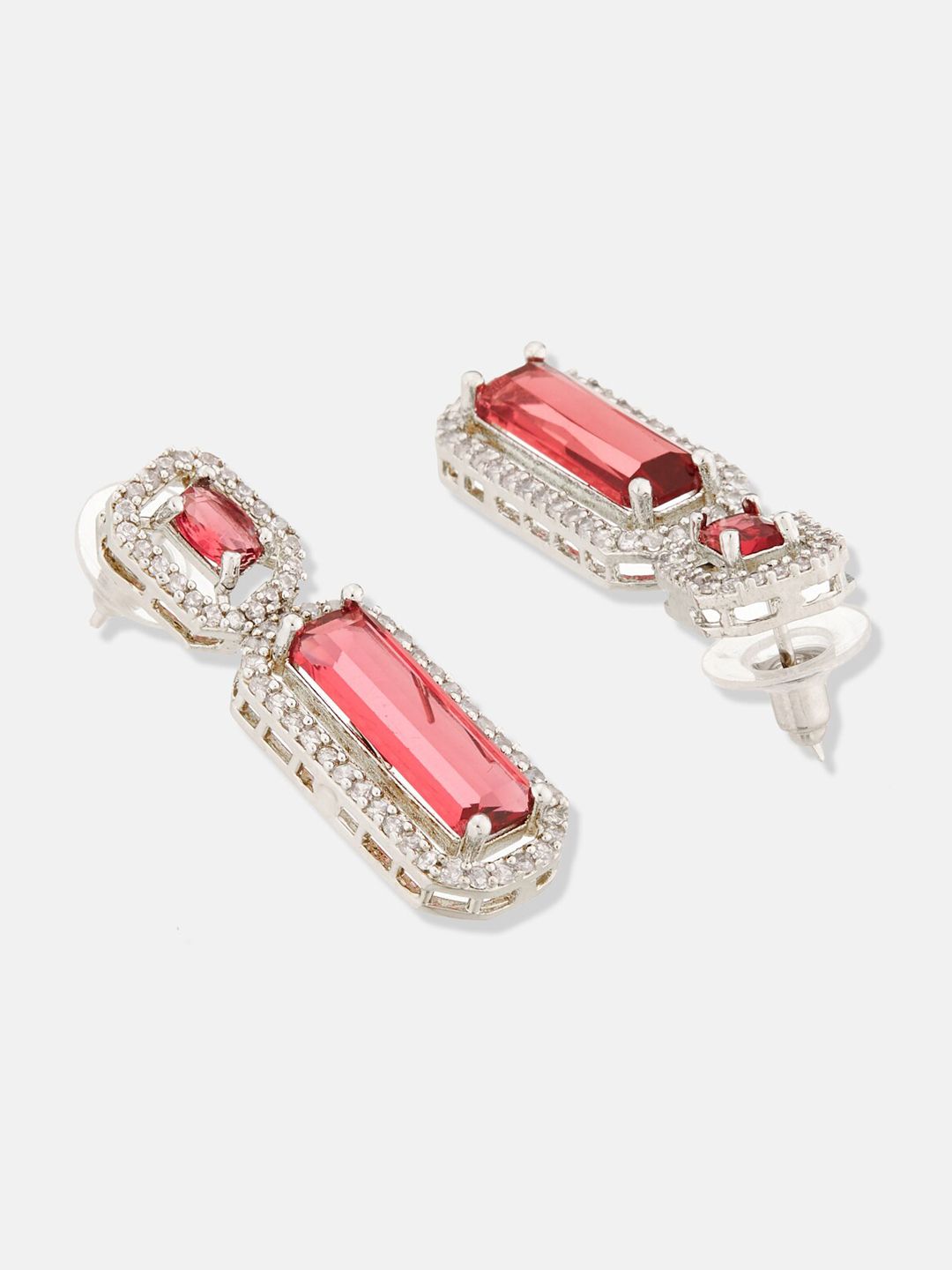 ATIBELLE Silver-Plated Cubic Zirconia Stone Studded Contemporary Drop Earrings