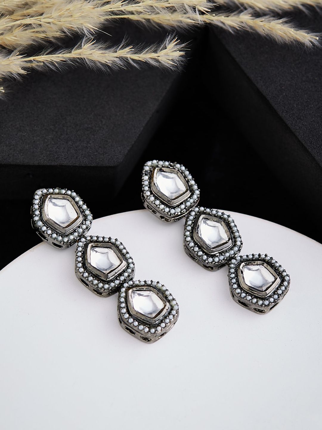 ATIBELLE Silver-Plated Kundan Stone Studded Contemporary Oxidised Drop Earrings