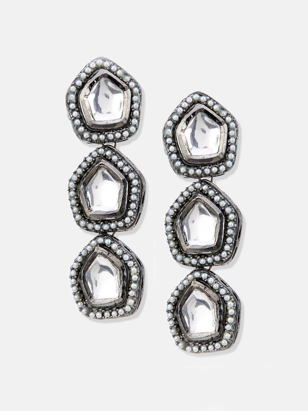 ATIBELLE Silver-Plated Kundan Stone Studded Contemporary Oxidised Drop Earrings