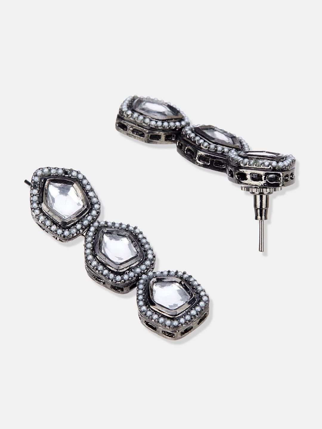 ATIBELLE Silver-Plated Kundan Stone Studded Contemporary Oxidised Drop Earrings