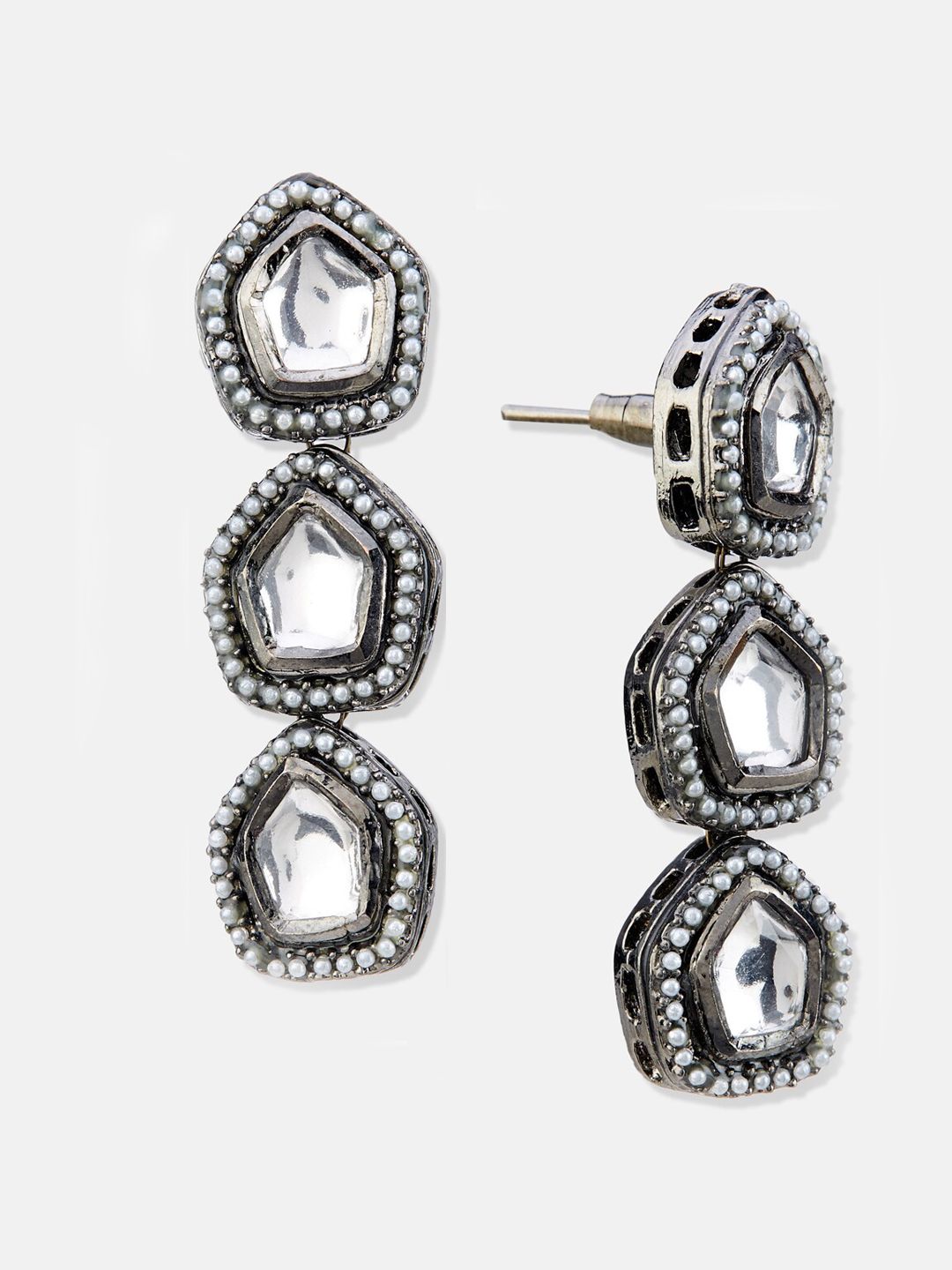 ATIBELLE Silver-Plated Kundan Stone Studded Contemporary Oxidised Drop Earrings