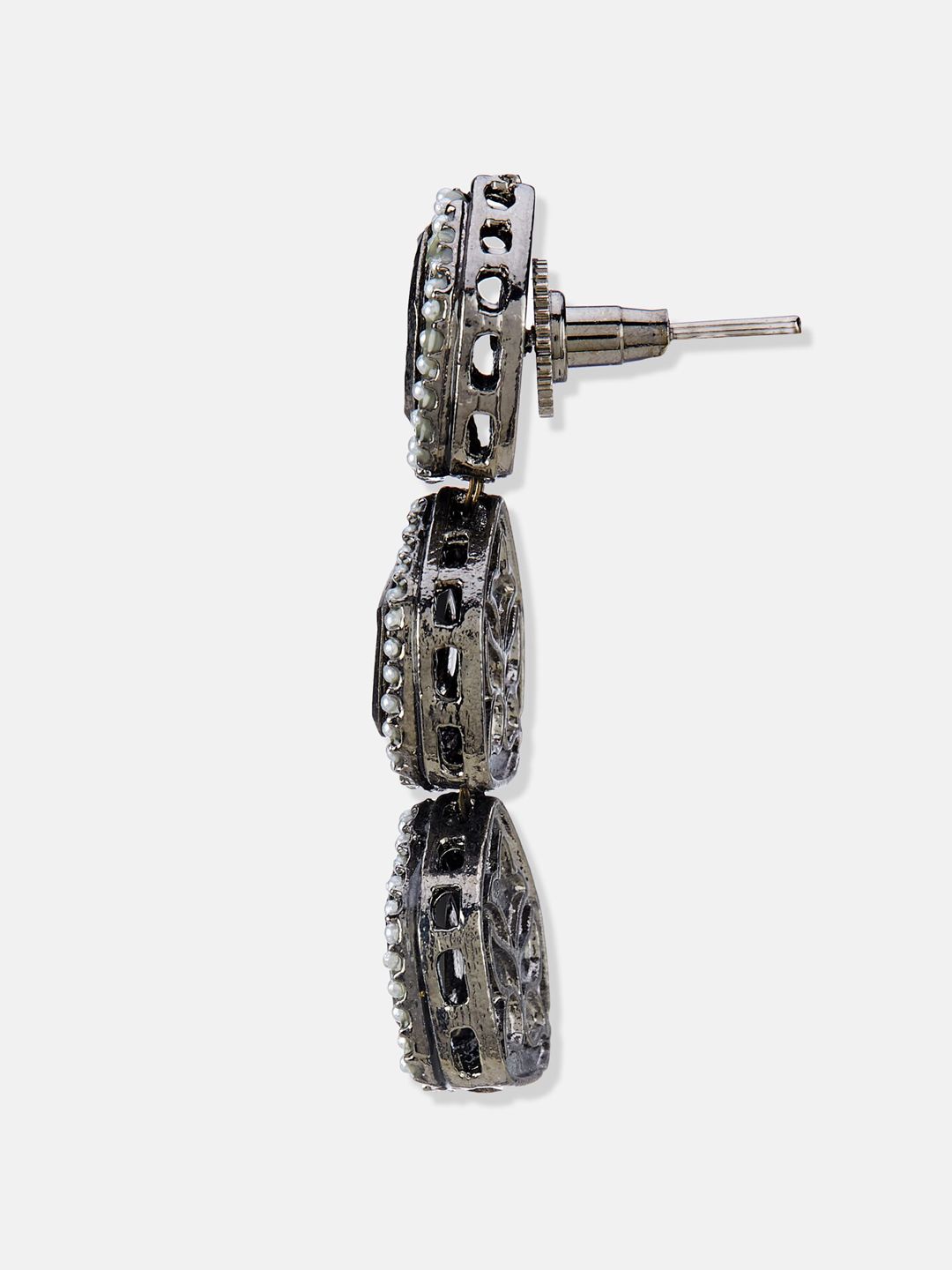 ATIBELLE Silver-Plated Kundan Stone Studded Contemporary Oxidised Drop Earrings