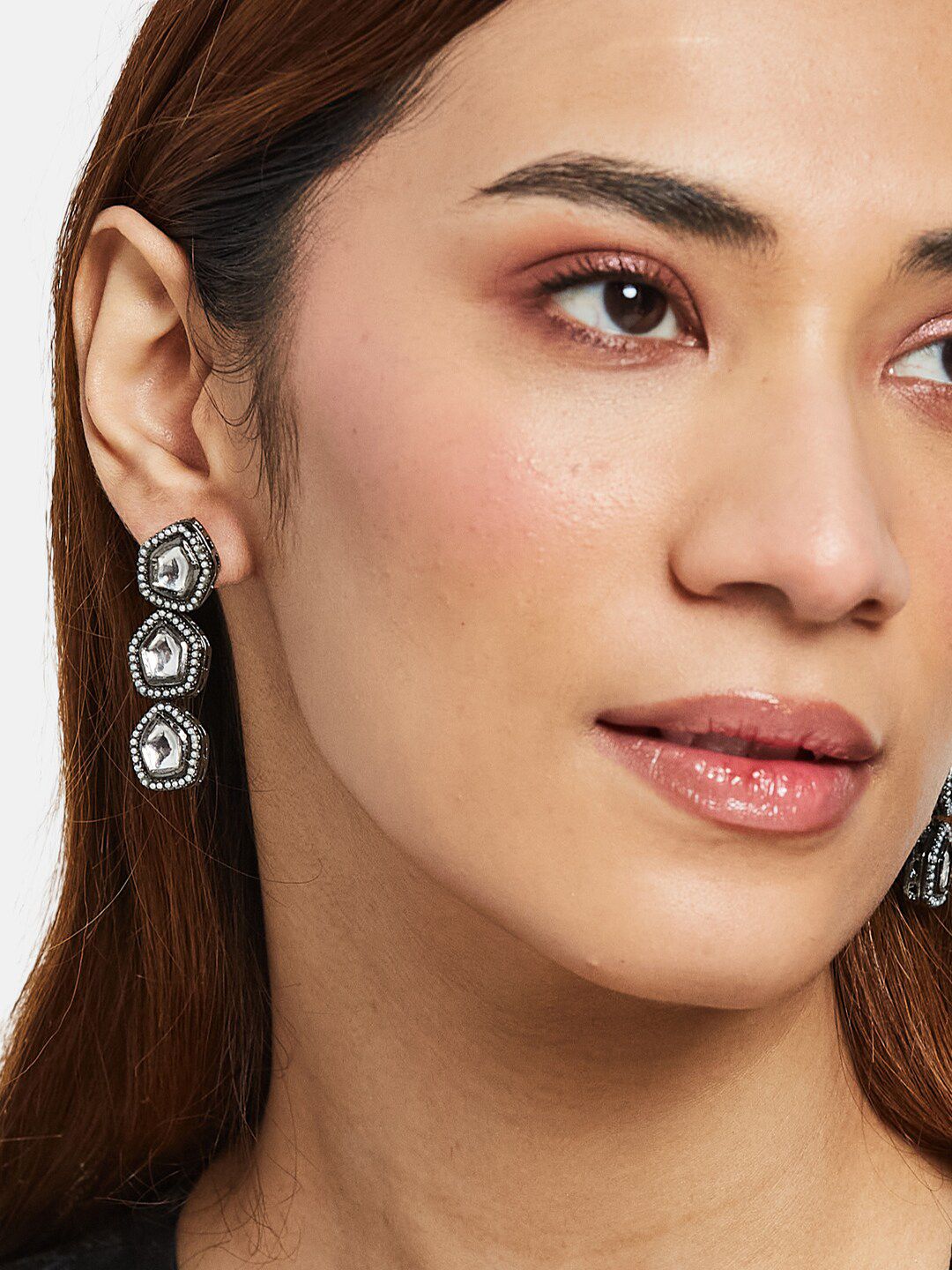 ATIBELLE Silver-Plated Kundan Stone Studded Contemporary Oxidised Drop Earrings