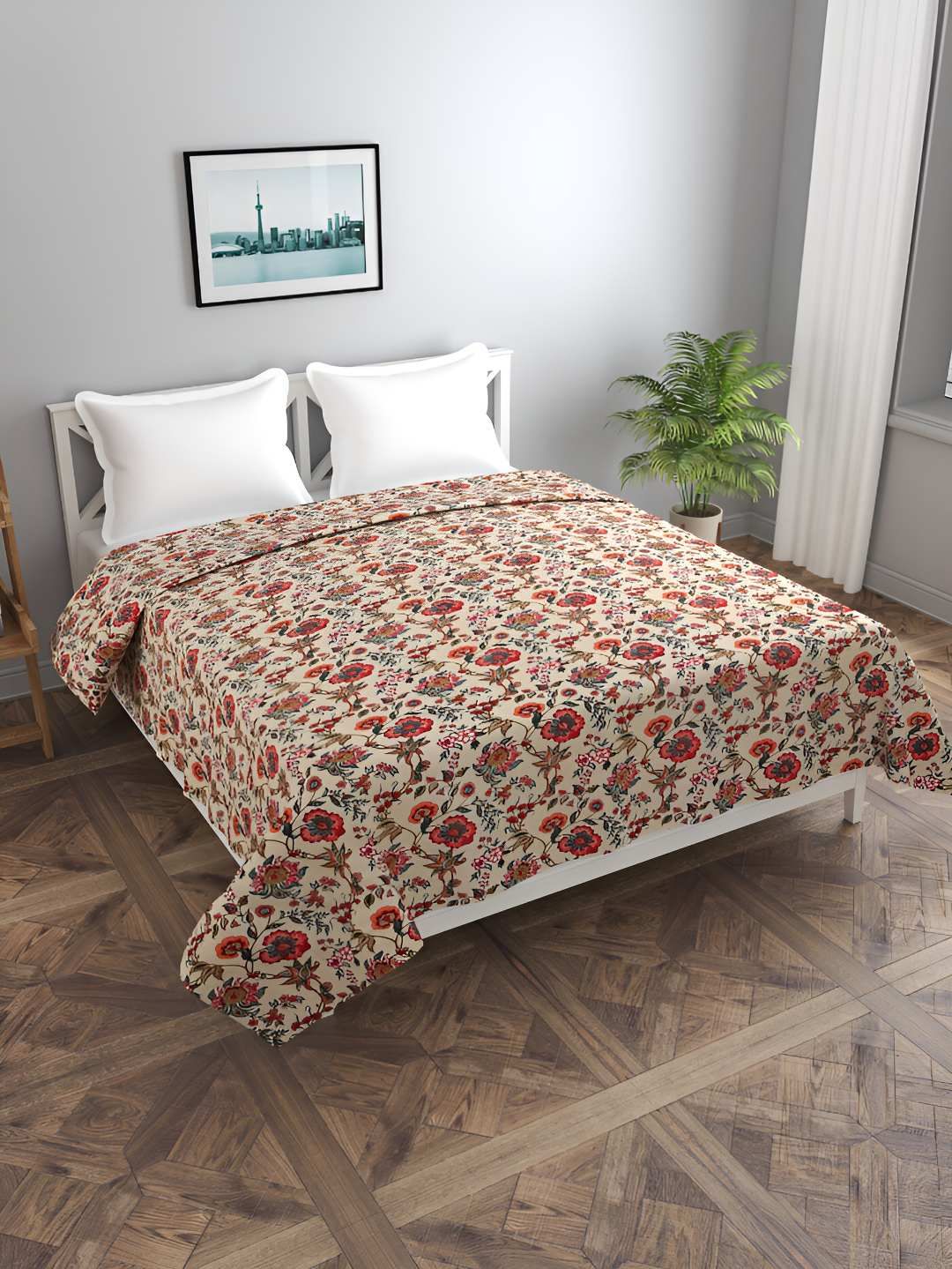 BREVARD Red & Beige Floral Printed Double Queen Duvet Cover-image-36