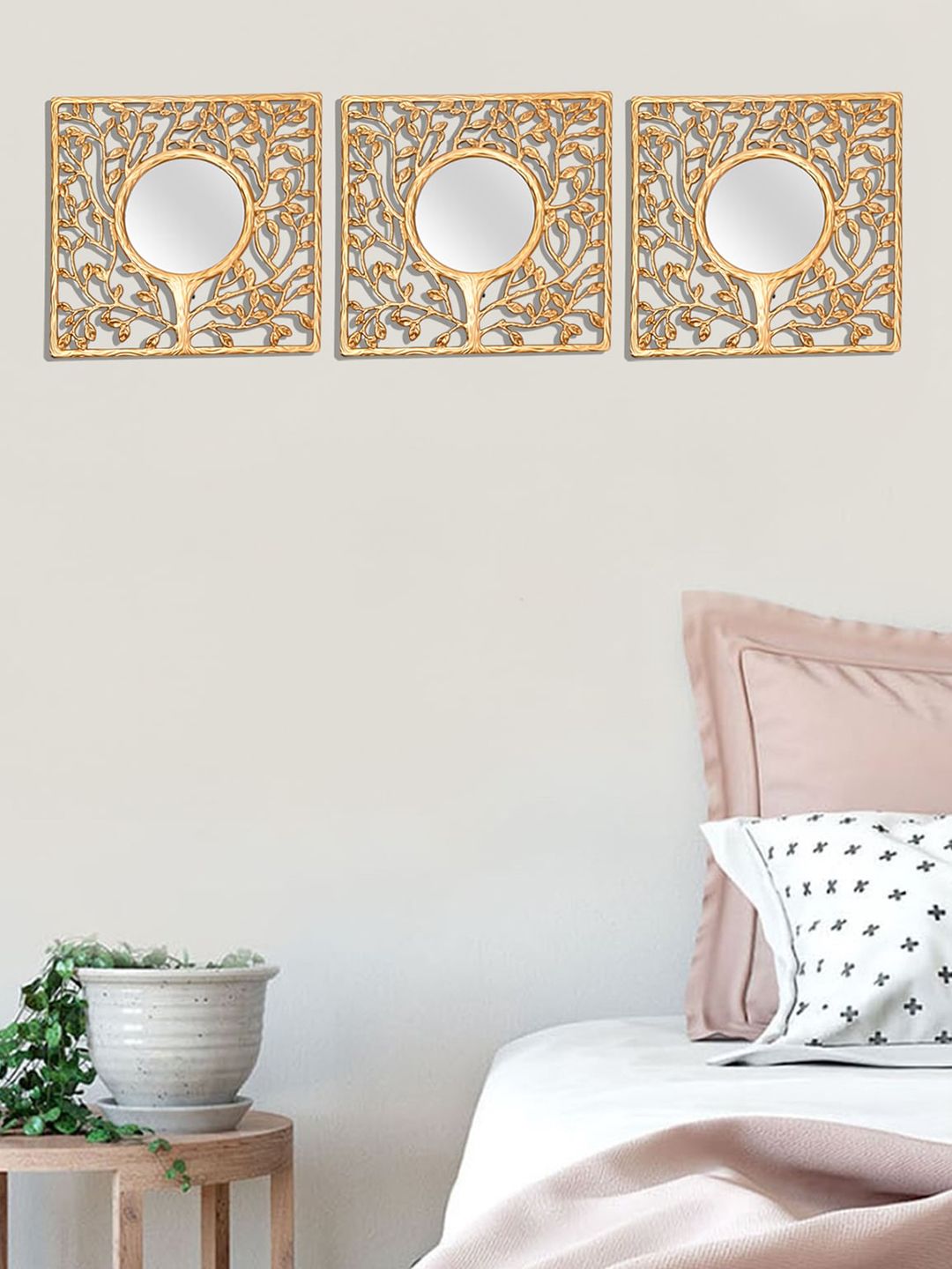 MARKET99 Gold Toned 3 Pieces Square Textured Decor  Wall Mirrors-image-31