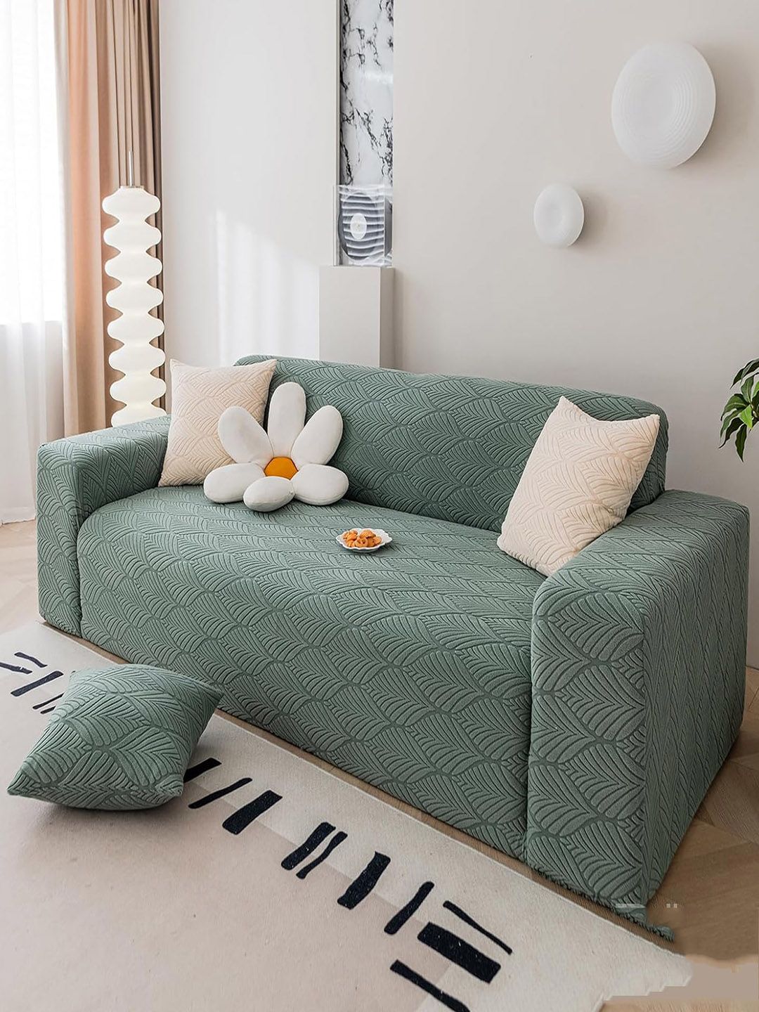 HOUSE OF QUIRK Green Leaf Textured Flexible Stretchable Sofa Slip Cover-image-27