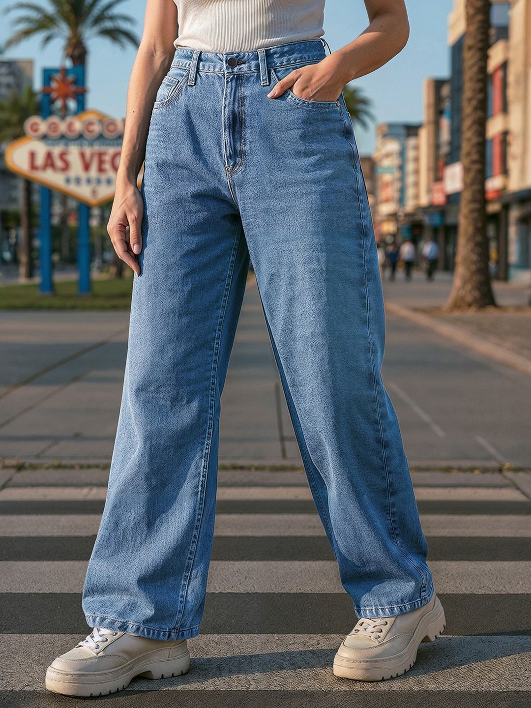 Bewakoof Women Baggy Wide Leg High-Rise Clean Look Light Fade Cotton Jeans