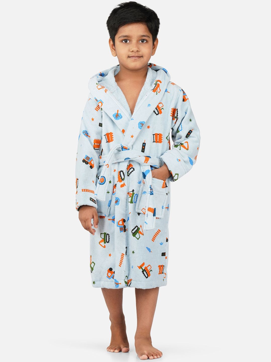 RANGOLI Kids Blue & Orange Printed Pure Cotton Super Absorbent 400 GSM Bath Robe-image-4